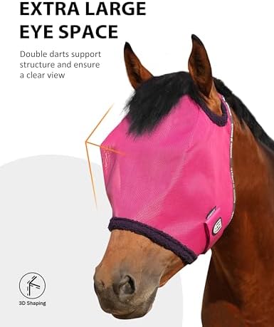 Harrison Howard All Round Mesh Horse Fly Mask UV Protective with Fleece Padded Edging Magenta XL