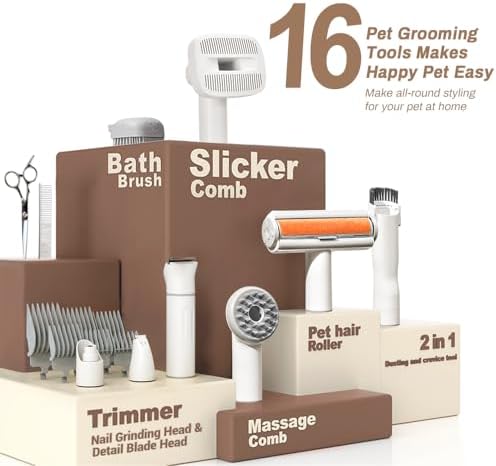 Bunfly Dog Grooming Kit & Dog Hair Vacuum, 3L Large Capacity Dust Cup,13,000KPa Powerful Suction, 99% Pet Hair Removal, 16 Grooming Tools for Dogs, Cats & More, Home Cleaning - Brown