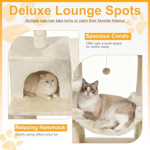 DORTALA Cat Tree for Indoor Cats, 58" Tall Cat Tower with Top Perch, Condo, Hammock, Sisal Scratching Posts, 3 Dangling Balls, Platforms, Multi-Level Pet Climbing Furniture Playground (Beige)