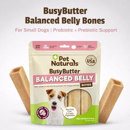 Pet Naturals BusyButter Balanced Belly Peanut Butter Bones, Rawhide-Free Chews for Small Dogs, Long Lasting Chew Bones, Probiotics and Pumpkin for Gut Health, 22 Count