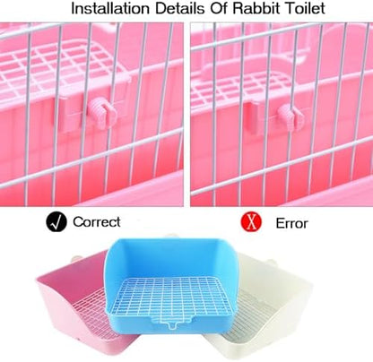 Rabbit Litter Box Bunny Potty Box Guinea Pig Hay Rack Feeder Rabbits Corner Litter Pan Potty Trainer Pet Toilet with Cleaning Set for Hamster, Guinea Pig, Ferret and Other Animals (Pink)