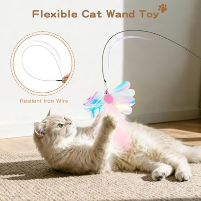 Pawaboo Cat Feather Wand Interactive Toy, 6 Feathers + 1 Wand with Bell