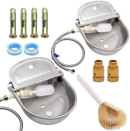 2-Pack Automatic Livestock Waterer, 304 Stainless Steel Auto Fill Drinking Bowl with Float Valve, Drainage Hole & Protective Baffle, Wall Mount or Floor Stand, for Dogs, Chickens, Horses, Goats, Pigs