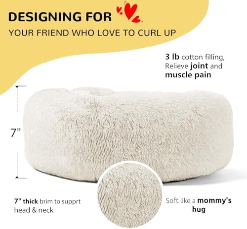 HACHIKITTY Calming Donut Cuddler Dog Bed, Round Fluffy Pet Bed for Large Dogs,Washable, Large, White, 30''