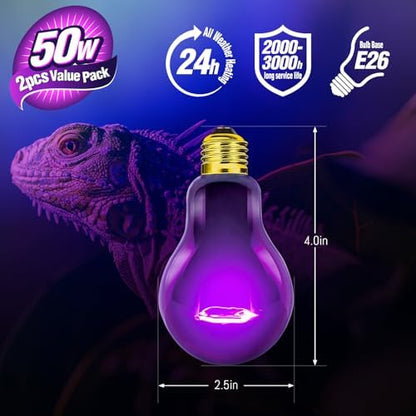 Leoterra Purple Moonlight Night Heat Lamp 2PACK 50W 10-20 Gallons Tank Use Heat Bulb for Lizard Bearded Dragon Leopard Snake Turtle,Easy to Install 2000+ Hours, Fits E26 110v