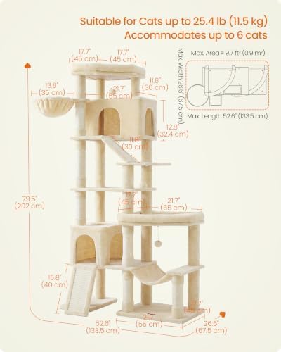 Feandrea Large Cat Tree, 79.5" Tall Sturdy Cat Tower for Indoor, Beige