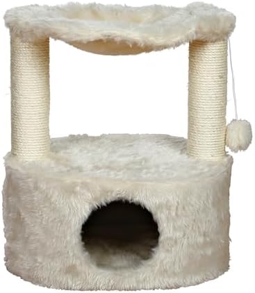 TRIXIE Baza Grande Cat Scratching Post 23,6 Inch - with Durable Sisal Rope and with Fluffy Hammock, Dangling Cat Toy & Cuddly Cat Cave - in Cream