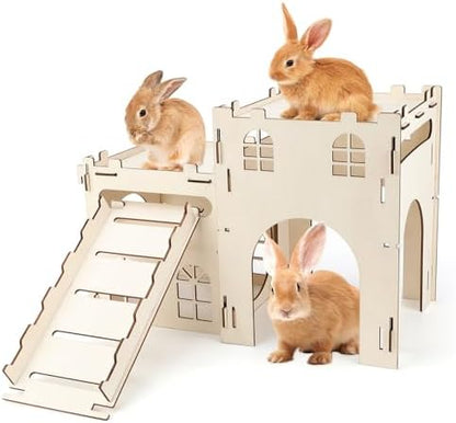 BWOGUE Wooden Bunny Castle Hideout, Extra Large Bunny House with Stairs