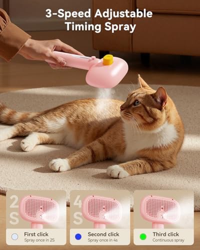 ROJECO 3-in-1 Pet Steam Brush,Spray Hair Removal Detangling Comb,Pink