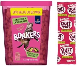 Bonkers Cat Treats, Catnip Chicken & Cheddar Flavor, 30 oz Crunchy & Gooey Value Pack, with Catnip Purr Pop Sample