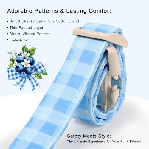 Boy Dog Collar Blue Gingham Dog Collars for Large Dogs - Lightweight Adjustable Spring/Summer Plaid Male Female Dogs Everyday Collar with Safety Buckle L