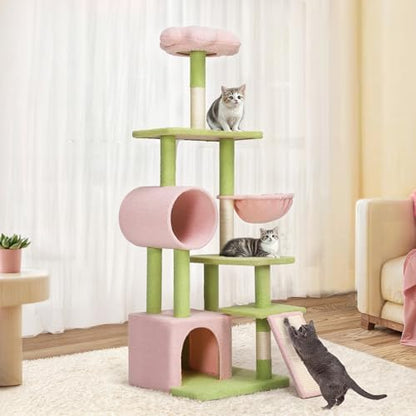 YITAHOME Tall Flower Cat Tree Tower with Detachable Perch, 65in Cute Cat Climbing Tower for Indoor Cats with Cat Condo, Basket, Tunnel, Sisal Scratching Posts and Board, Pink and Green