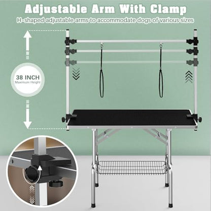 Lyromix 42'' Stainless Steel Pet Dog Grooming Table, Arm/Noose/Tray, Black