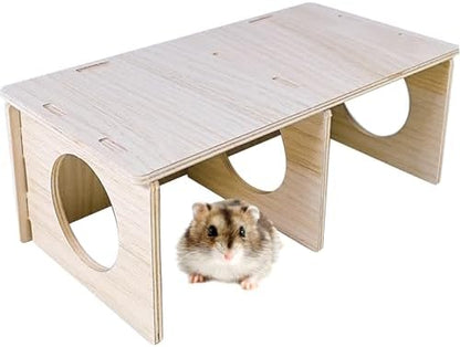 Hamiledyi Wooden Hamsters 2-Chamber Hideout-Tunnel Multi Chamber Exploring Toy Hamster Hiding Maze Tunnel Toy Platform Stuff Cage Accessories for Gerbil Rat Mice