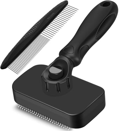 2PCS Self Cleaning Slicker Brush & Dog Comb - Skin Friendly Deshedding Grooming Tool for Dogs, Cats and Small Animals, Professional Deshedding Dematting Tool for Long and Short Haired Pets (Black)