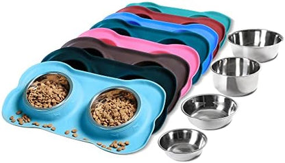 Hubulk Pet Dog Bowls 2 Stainless Steel Dog Bowl with No Spill Non-Skid Silicone Mat + Pet Food Scoop Water and Food Feeder Bowls for Feeding Small Medium Large Dogs Cats Puppies (Small, Turquoise)