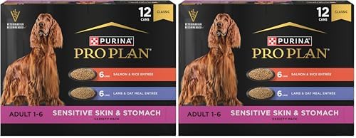 Purina Pro Plan Sensitive Skin and Stomach Wet Dog Food,Salmon and Rice-and Lamb-and Oat Meal Variety Pack - 13 oz. Cans,(Pack of 24)