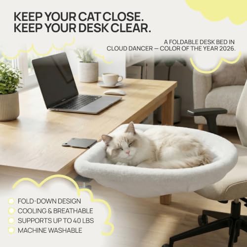 Cat Desk Bed, Foldable Clamp-On Cat Perch for Home Office & Gaming Desk, Holds up to 40 lbs, Paw-Shaped Clamp, Machine Washable Breathable Cover, Cloud Dancer White
