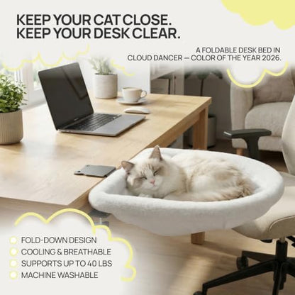 Cat Desk Bed, Foldable Clamp-On Cat Perch for Home Office & Gaming Desk, Holds up to 40 lbs, Paw-Shaped Clamp, Machine Washable Breathable Cover, Cloud Dancer White
