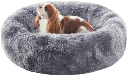 30 in Faux Fur Fluffy Donut Dog Bed for Medium Dogs,Tie-dye Grey