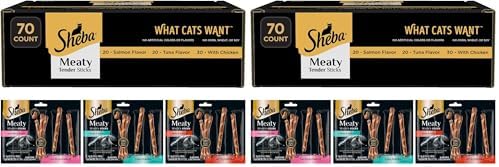 Sheba Meaty Tender Sticks Cat Treats Chicken,Tuna Flavor,or Salmon Flavor,0.14 oz.,70 Count (Pack of 2)