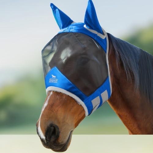 Harrison Howard CareMaster Pro Luminous Horse Fly Mask Large Eye Space Standard with Ears UV Protection for Horse Signature Blue Medium Cob