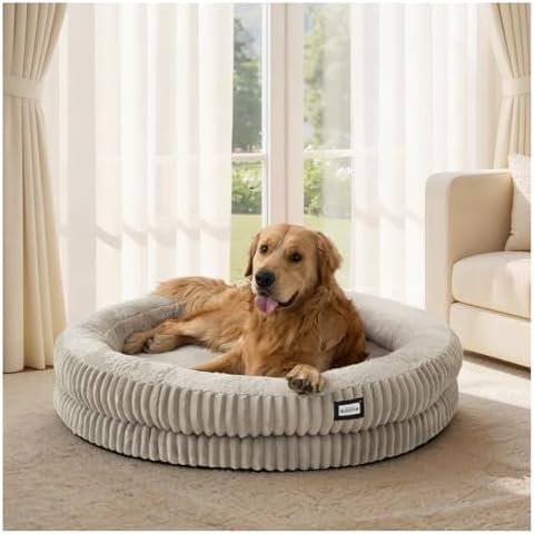 BALANCE Donut Dog Bed, 43 Inches Round Dog Bed Extra Large Size Dogs Washable, Orthopedic Calming Dogs Beds for Kitten, Fluffy Plush Faux Fur Pet Bed with Anti-Slip Bottom