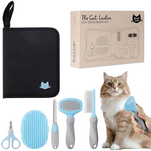 The Cat Ladies Cat Grooming Kit - 5 Piece Brushes Kit - with Comb and Matted Fur Undercoat Deshedding Cat Hair Brush for Long Haired Cats or Short Haired Kittens or Bunny Rabbits
