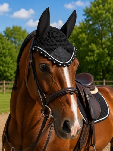 Horse Ear Bonnet for Horses – Handmade Crochet Fly Veil with Crystal Stones, Glitter Patch, Breathable Stretch Ears, Horse Fly Bonnet Ear Bonnet for Riding (Black, COB)