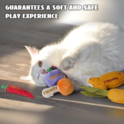 Pawsible 5 Pack Catnip Toys for Indoor Cats - 100% Organic Catnip Filled, No Cotton, Durable Teething Kicker Toys for Kittens, Food-Shaped Plush Chew Toys