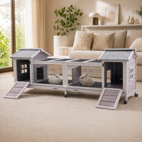 Rabbit Hutch Indoor Outdoor, Large Bunny Cage with Double House and Run, 10.4 ft² Guinea Pig House, Upgrade Deeper No-Leak Trays, On Wheels for Easy Moving