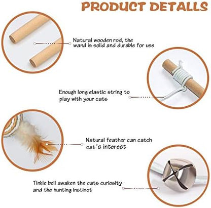 3-Pack Cat Wand Toys, 16-Inch Natural Wooden Teaser Wand with 5 Silvervine Sticks, Interactive Feather Wand for Indoor Cats