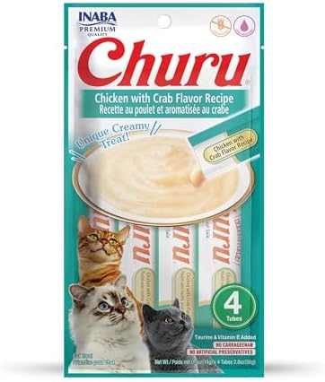 INABA Churu Cat Treats, Grain-Free, Lickable, Squeezable Creamy Purée Cat Treat/Topper with Vitamin E & Taurine, 0.5 Ounces Each Tube, 4 Tubes, Chicken with Crab Recipe