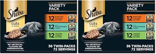 Sheba Perfect Portions Wet Cat Food Cuts in Gravy,Roasted Chicken Entree,with Sustainable Tuna,Tender Turkey Entree,2.6 oz. Twin-Pack Trays (,72 Servings),36 Count (Pack of 2)