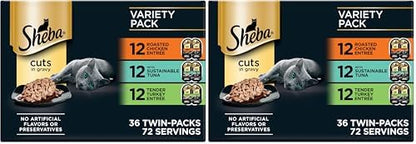 Sheba Perfect Portions Wet Cat Food Cuts in Gravy,Roasted Chicken Entree,with Sustainable Tuna,Tender Turkey Entree,2.6 oz. Twin-Pack Trays (,72 Servings),36 Count (Pack of 2)
