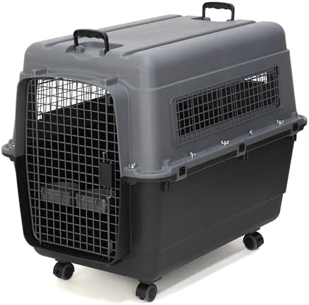 SportPet Airline Compliant X-LARGE 35.5" Travel Dog Kennel-Durable Plastic Airline Pet Carrier w/Removable Wheels & Food Bowls, Collapsible Indoor/Outdoor Dog Kennel, Dogs up to 32"L & 23"H-Dark Gray