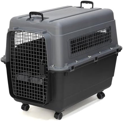 SportPet Airline Compliant X-LARGE 35.5" Travel Dog Kennel-Durable Plastic Airline Pet Carrier w/Removable Wheels & Food Bowls, Collapsible Indoor/Outdoor Dog Kennel, Dogs up to 32"L & 23"H-Dark Gray