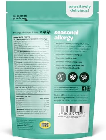 Dog Allergy Chews with Probiotics | Seasonal Allergy Chews for Dogs with Wild Alaskan Salmon Oil & Colostrum | Environmental Dog Allergy Support | NASC Certified & Made in the USA | 60 Chews