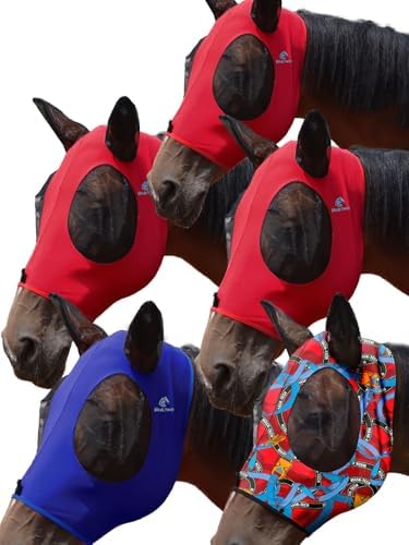 Mask Tech 5 Pieces Horse Fly Masks with Ears, Stretchy Elastic Mesh Fly Masks, 3D Eye Clearance, UV Protection-Medium,Combo 5