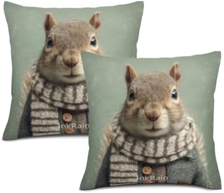 InkRain Winter Animal Cute Squirrel Pillow Cover 16x16 Inch Set of 2 Home Decor Decorative Cotton Linen Illustration Pillowcases for Living Room House Sofa