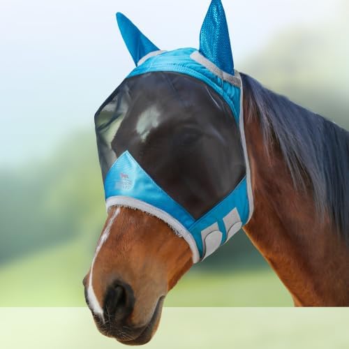 Harrison Howard CareMaster Pro Luminous Horse Fly Mask Large Eye Space Standard with Ears UV Protection for Horse Sky Blue S Pony