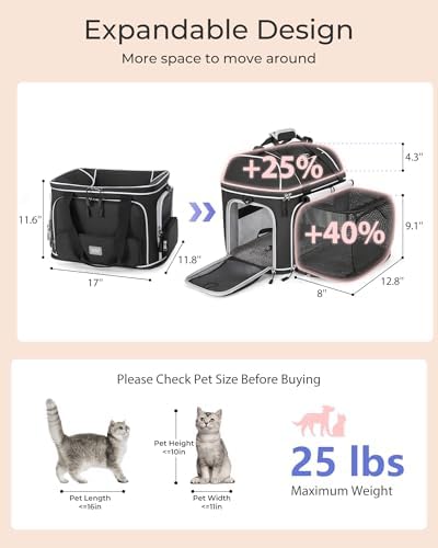 Expandable Pet Carrier: NOBLE DUCK Soft-Sided Cat Dog Carrier 17x11.8X(11.6+4.3) Inches Small Medium Cats Dogs Portable Travel Carrier Up to 25 Lbs Black