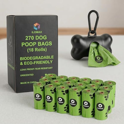 ILOMAX Dog Poop Bags with Dispenser, 270 Unscented Waste Bags (38% Plant-Based), Extra Thick Leak-Proof Refill Rolls for Dogs & Cats – 18 Rolls + Holder