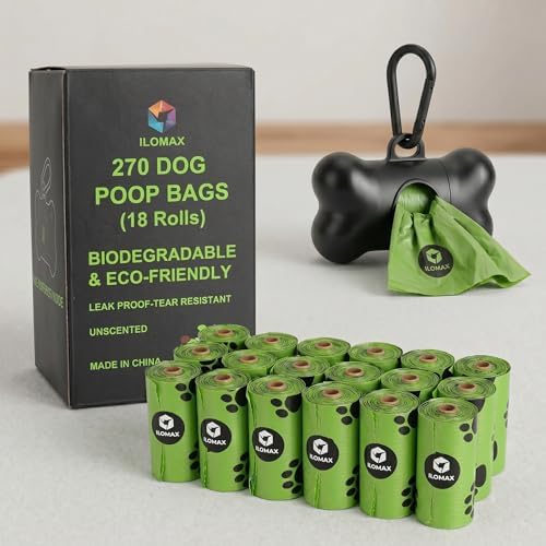 ILOMAX Dog Poop Bags with Dispenser, 270 Unscented Waste Bags (38% Plant-Based), Extra Thick Leak-Proof Refill Rolls for Dogs & Cats – 18 Rolls + Holder