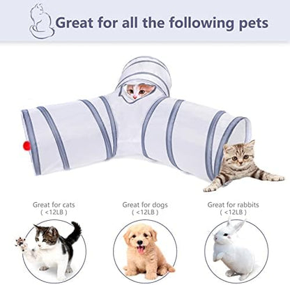 Cat Tunnel, Collapsible Tube with 1 Play Ball Toys, 3 Ways Tunnels for Indoor Cats, Puppy, Kitty, Kitten, Rabbit (White and Gray)