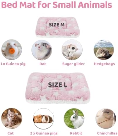Amakunft 2 Pcs Guinea Pig Bed Mat Washable, Rabbit Winter Bed Pad for Indoor, Warm Small Animal Bed Mattres, Fleece Sleeping Pad for Bunny, Rat, Hedgehog, Sugar Glider, Chinchilla (Pink Star, Large)