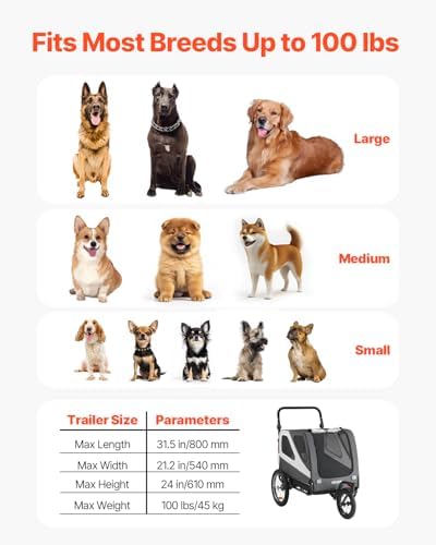 VEVOR Dog Bike Trailer, Supports up to 100 lbs, 2-in-1 Pet Stroller Cart Bicycle Carrier for Small & Large Dogs, Easy Folding Frame with Quick Release Wheel, Universal Bicycle Coupler, Internal Leash