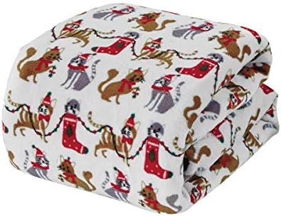 Elegant Comfort Velvet Touch Ultra Plush Christmas Holiday Printed Fleece Throw/Blanket-50 x 60inch, (White Christmas Cats)