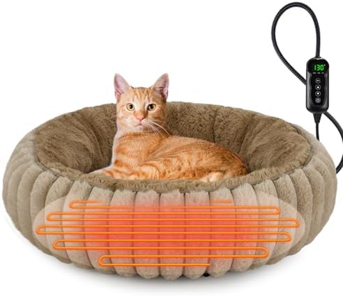 INVENHO Heated Cat Beds for Indoor Cats and Small Dogs, 20" Cozy Donut Heated Pet Bed with Timer & Temp Adjustable, Removable Waterproof Electric Warming Bed for Indoor Cat