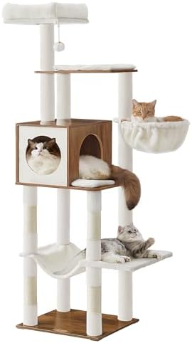 Feandrea Cat Tree, 65-Inch Tall Cat Tower, Multi-Level Condo with Cave